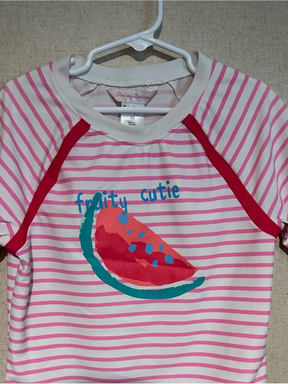 Tommy Bahama Size 10 Girls Pink Striped 'Fruity Cutie' Rash Guard Swim Top